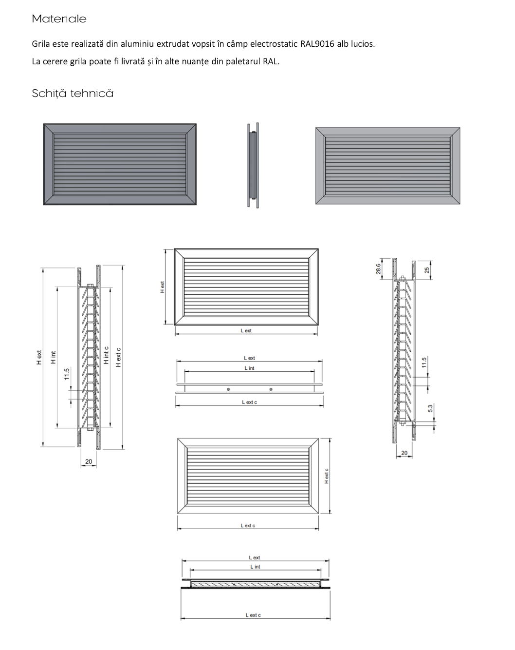 Schita tehnica dimensiuni grila de transfer subtire TG-S