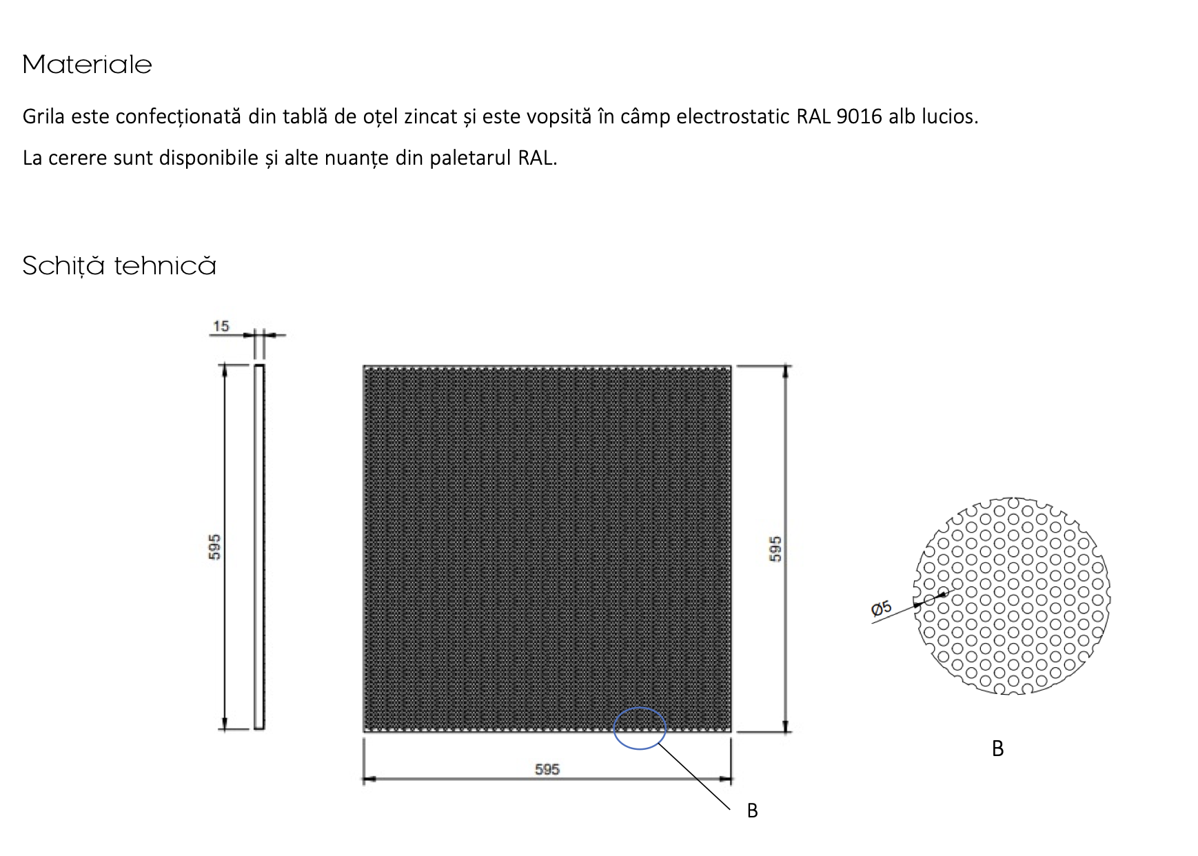 Schita tehnica dimensiuni si cote constructive grila perforata PF