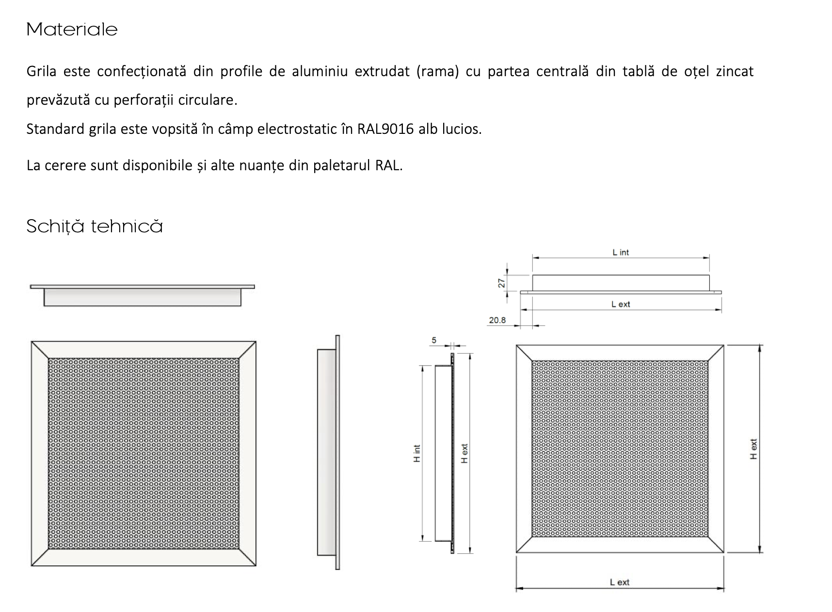 Schita tehnica si dimensiuni constructive grila rectangulara PF-F