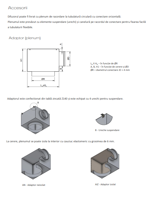 Adaptor plenum izolat AIZ si neizolat AN pentru difuzor jet JD
