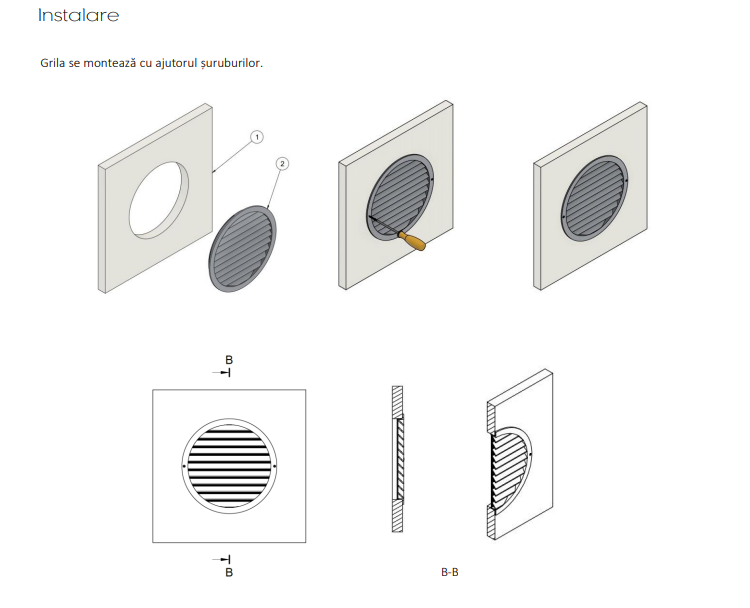 Etape instalare grila circulara din aluminiu pe perete exterior