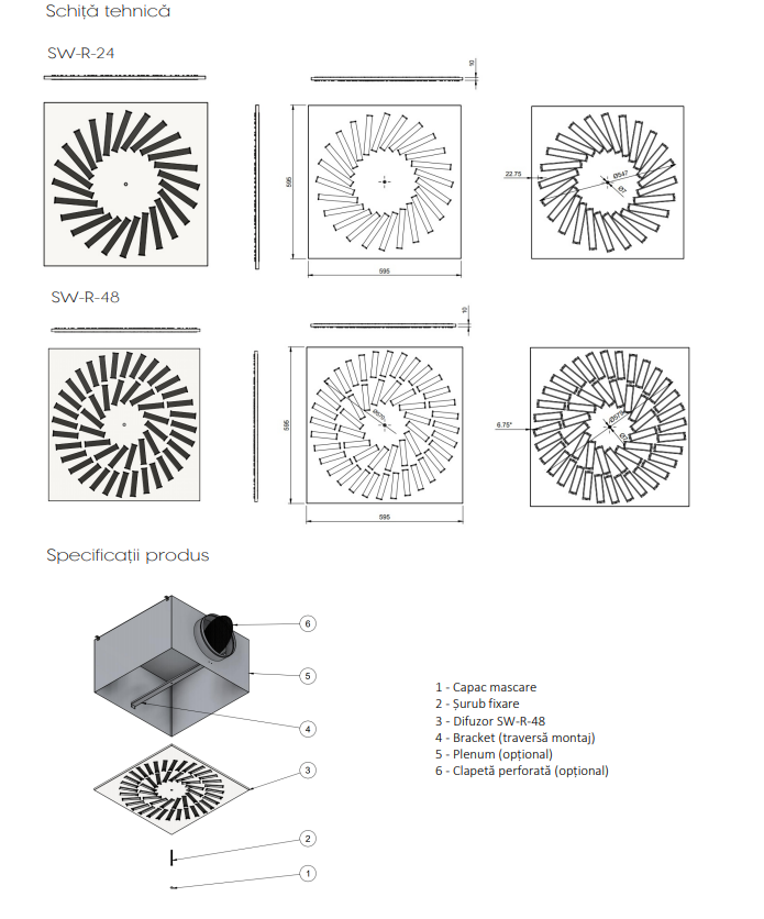Schita tehnica si dimensiuni difuzor turbionar SW-R-24