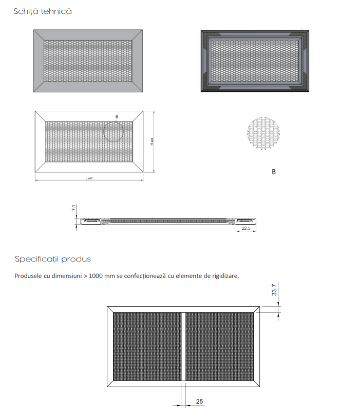 Schita tehnica dimensiuni si profil ultra plat grila tabla expandata RP