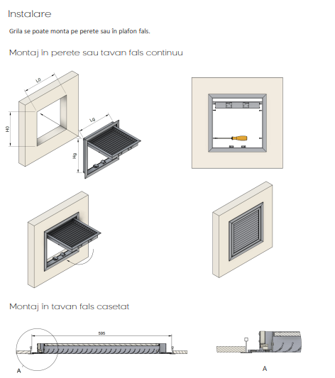 Diagrame de instalare pe perete si tavan continuu sau casetat grila SD-D