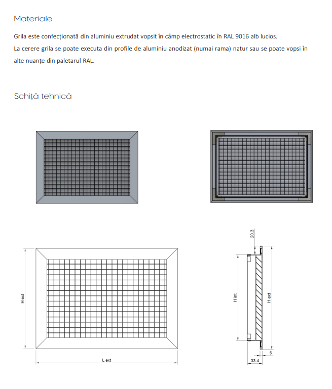 Schita tehnica dimensiuni grila fagure 45 grade EG-45
